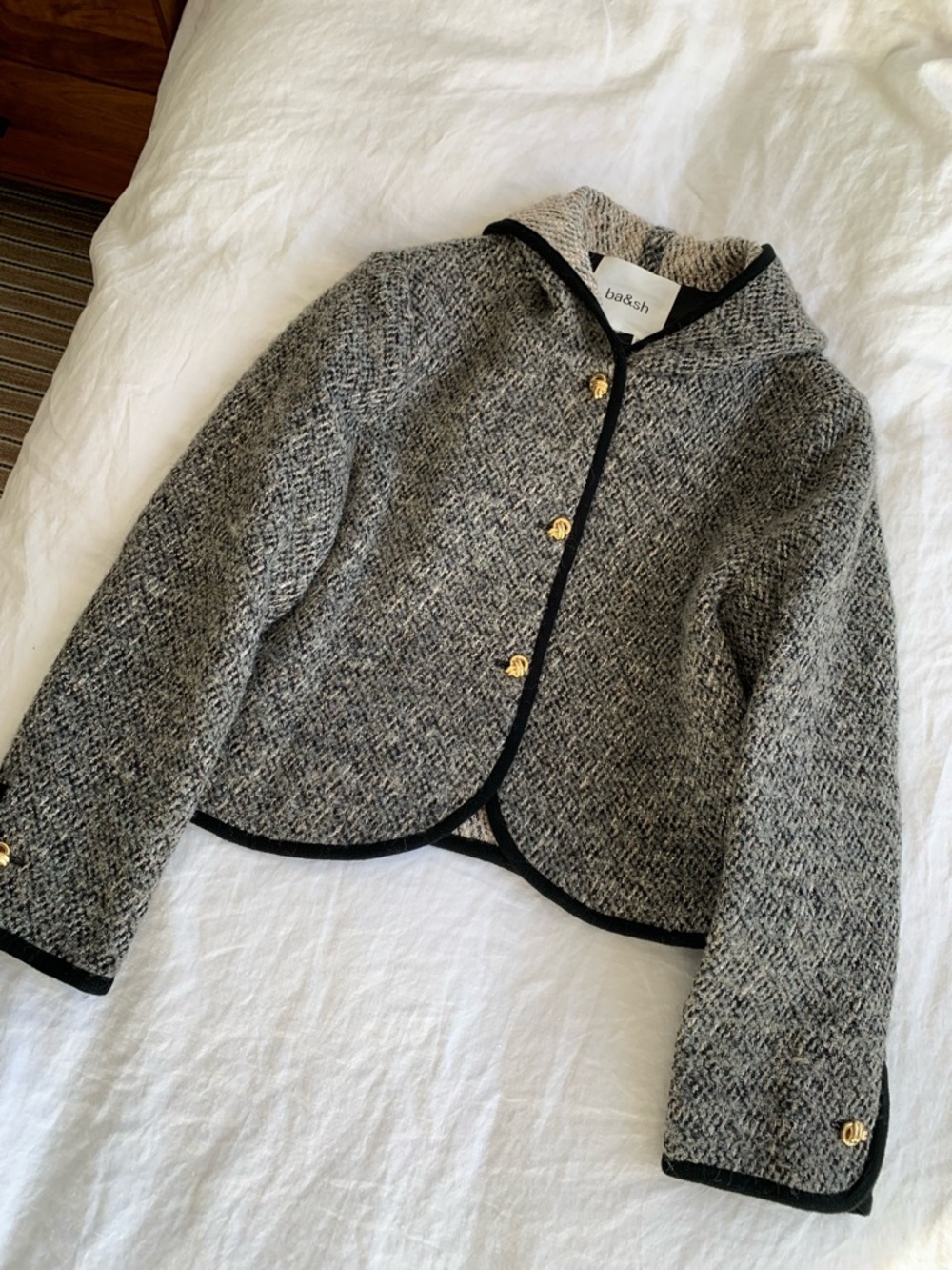 ba&sh Loctave Tweed Cotton Wool Button Trim Hood Jacket Coat Gris Black White - Picture 5 of 11